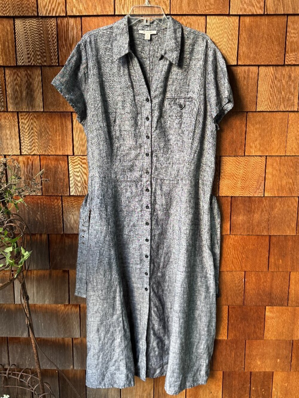 JM Collection Grey Linen Button Down Short Sleeve Belted Shirtdress - Women's 18